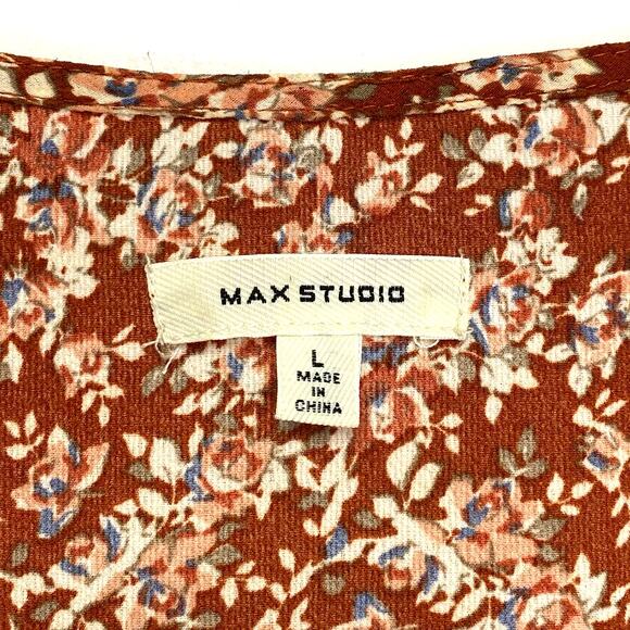 Max Studio Floral Maxi Wrap Dress Womens L Rust Red Boho Ruffles Cottagecore - Picture 5 of 10